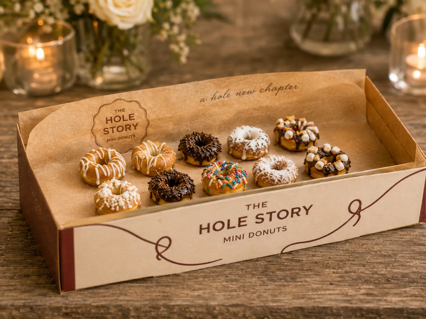 Branded boxes of mini donuts styled for an OKC wedding