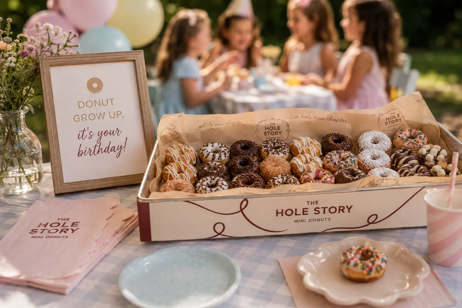 Guests enjoying fresh mini donuts at an Oklahoma City birthday party