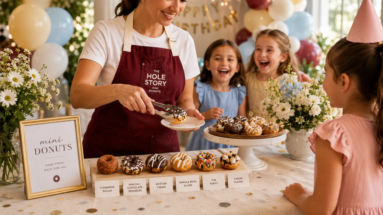 Kids celebrating with hot mini donuts at an Edmond birthday party
